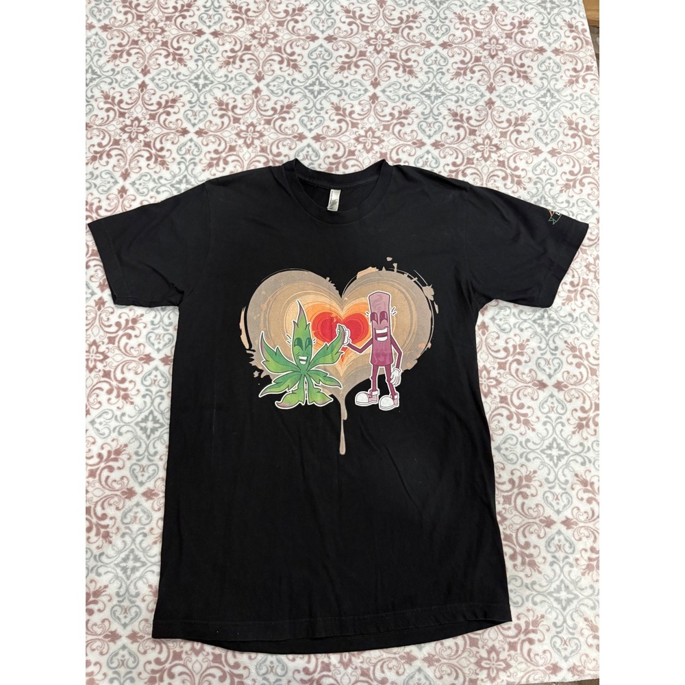 American Apparel Kushirt Black Graphic T-Shirt Heart Leaf Character Mens Small